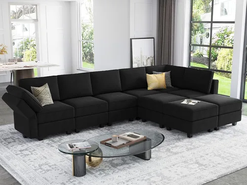 Vista 14 de Belffin Sofá modular en forma de U de gran tamaño con tumbonas dobles reversibles de terciopelo con almacenamiento, color negro