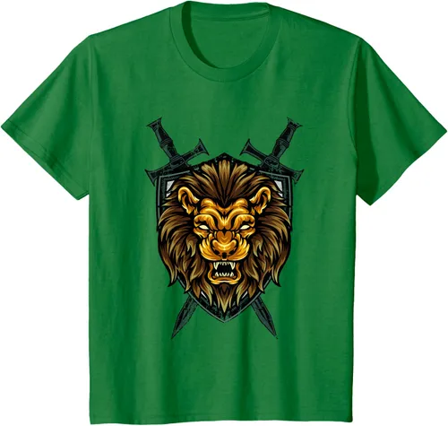 Vista 32 de Camiseta con diseño de caballero medieval renacentista, con diseño de espada de león, Negro, S