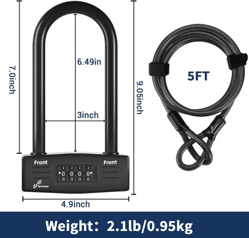 Vista 2 de Sportneer Cerradura de bicicleta: Cerradura en U de combinación sin llave de 0.551 in con cable de acero de seguridad de 5 pies - Cerraduras en U