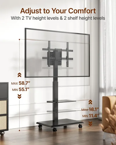 Vista 6 de Soporte de TV rodante con base de acero para televisores de 37 a 86 pulgadas hasta 50 kg, soporte móvil para TV con rotación, inclinación y giro