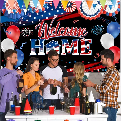 Vista 4 de Cartel de bienvenida a casa, decoración del día de los veteranos, tela patriótica, telón de fondo de fotos del ejército militar para despliegue