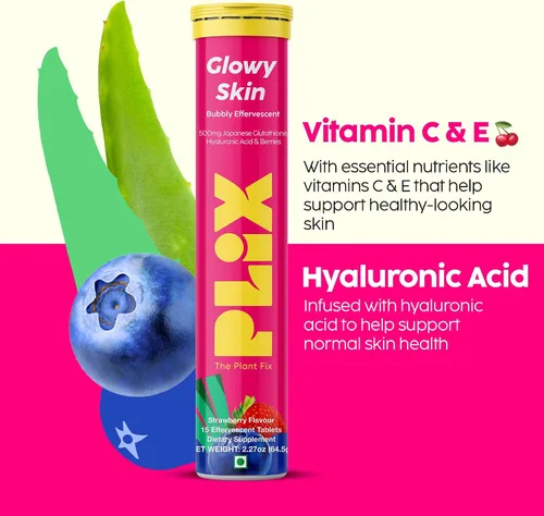 Vista 6 de PLIX Glowy Skin Suplemento de glutatión de 500 mg con ácido hialurónico, vitamina C, E y bayas 15 tabletas efervescentes, sabor fresa