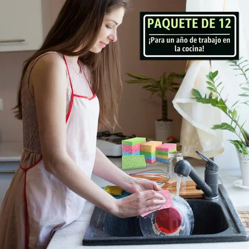 Vista 7 de Esponjas de cocina de celulosa comprimida, paquete de 12 unidades, biodegradables y coloridas, no rayan, para limpiar platos, divertida esponja