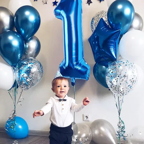 Vista 6 de Globos de 40 pulgadas, color azul, número 1, globos grandes de papel de aluminio de helio para decoraciones de fiesta de cumpleaños, bodas