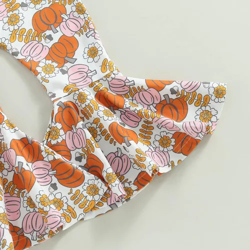 Vista 5 de Mameluco de Halloween para bebé niña con estampado de calabaza, tirantes delgados, volantes, traje de otoño de una pieza con pantalón acampanado