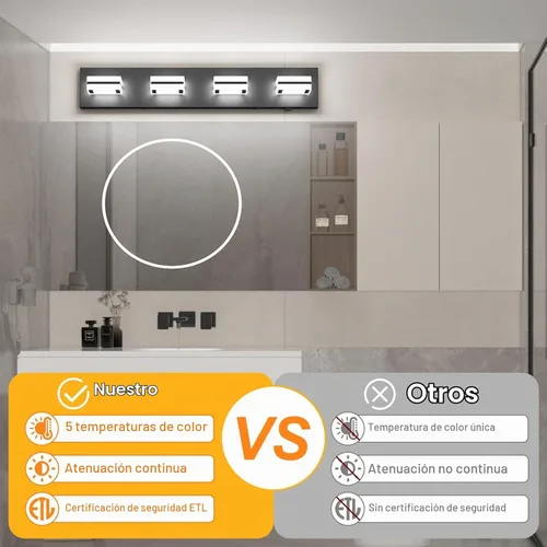 Vista 4 de Ralbay - Luces de tocador de baño de 5 temperaturas de color ajustables, negras, 4 luces, acrílicas, modernas, LED, mate, accesorios de iluminación