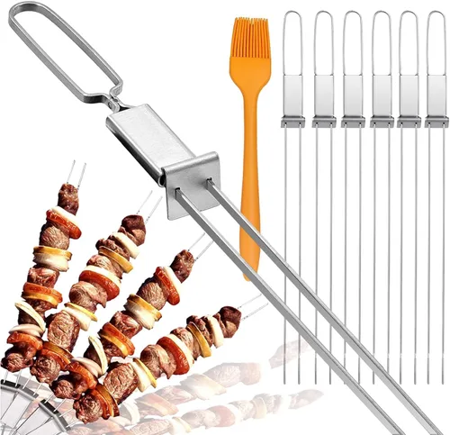 Vista 9 de Brochetas para Asar - Brochetas de 33 cm con Barra de Empuje de Doble Punta Antideslizante de Metal para Kabobs, Brocheta de Acero Inoxidable