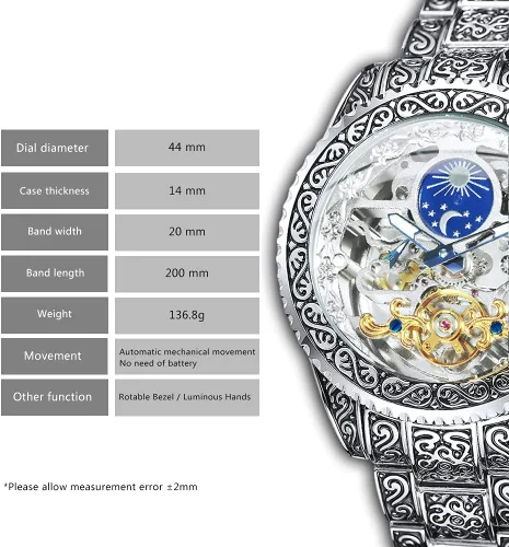 Vista 6 de Caluxe Reloj de pulsera mecánico automático para hombre Tourbillon 24 horas de fase lunar CA525