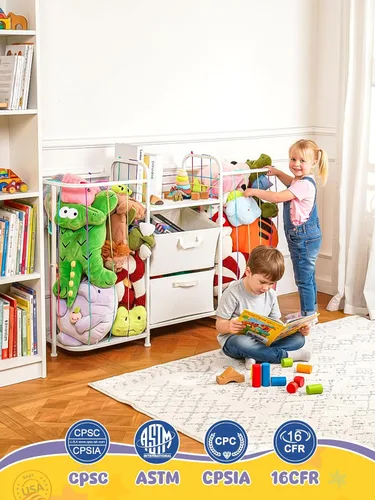 Vista 7 de VBABY Estantería para niños y almacenamiento de juguetes, estante grande 3 en 1 para habitaciones de niños, zoológico de animales de peluche