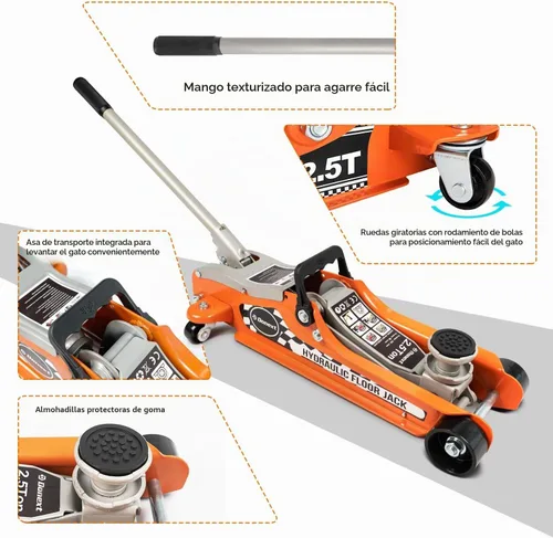 Vista 4 de gato de piso de perfil bajo de 2.5 toneladas para carreras, construcción de acero de alta resistencia, rango de elevación 8.51 cm-36 cm