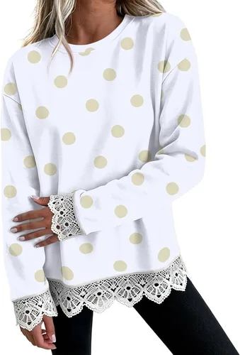 Vista 27 de Fall Sweatshirts for Women Crewneck Scalloped Lace Trim Cute Pullover Tops Lightweight Long Sleeve Polka Dot Sweatshirt,Oversized Leopard Print A