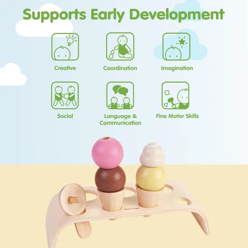 Vista 4 de PlanToys® Juego de helado de madera para niños Incluye soporte, cucharas y conos Comida de juego de simulación de postres para niños pequeños