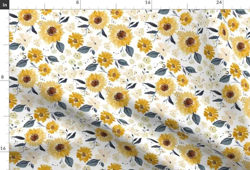 Vista 3 de Spoonflower Tela - Verano Girasol Otoño Mostaza Oro Otoño Acuarela Floral Impreso en Tela de Gasa Cuarto Grasa - Costura Ropa de Moda Vestidos