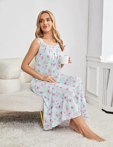 Vista 5 de IZZY + TOBY Camisones de algodón para mujer, sin mangas, suave, camisón de noche, camisón largo