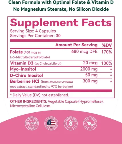 Vista 9 de Suplemento de inositol para mujeres, mio-inositol y D-Chiro inositol 40:1, bienestar reproductivo con berberina, MTHF folato y vitamina D3, apoya