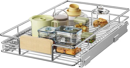 Vista 17 de LOVMOR Organizador de gabinete extraíble con mango de madera, 16½ pulgadas de ancho x 21½ pulgadas, organizador deslizante para cocina, despensa