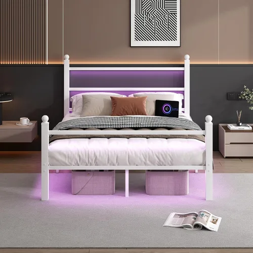 Vista 8 de CLIBFENG Base de cama de tamaño matrimonial con cabecero y estribo, soporte de listones de acero, marco de cama LED con estación de carga, base