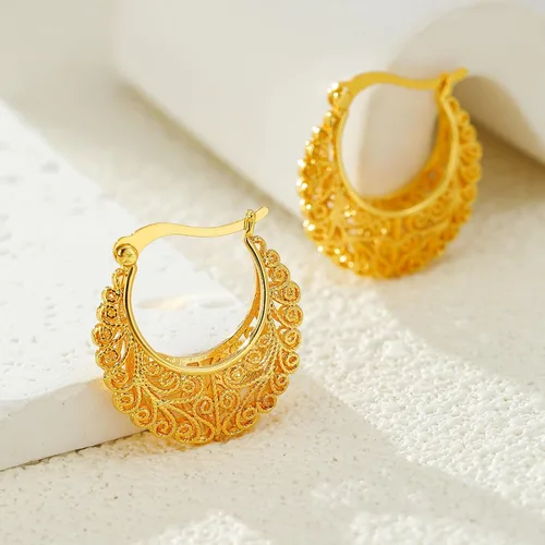 Vista 3 de Aretes de aro de oro de filigrana, aretes pequeños vintage para mujer