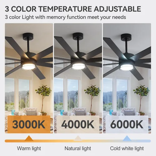 Vista 3 de Ventiladores de techo de 72 pulgadas con luces y control remoto, moderno ventilador de techo negro para sala de estar, patio, cocina, motor CC