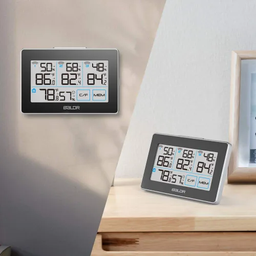 Vista 8 de BALDR Estación meteorológica para interiores y exteriores, termómetro inalámbrico, pantalla táctil, estación meteorológica LCD con 3 sensores