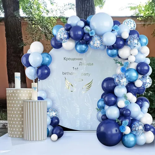 Vista 5 de Kit de arco de globos azules, kit de guirnalda de arco de globos azul marino y blanco con globos de confeti azul claro azul cromado, globos azules