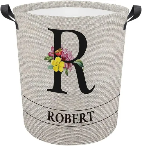 Vista 19 de Cesta de lavandería con inicial floral personalizada, monograma, nombre personalizado, flores y pájaros, cesta de ropa plegable de tela, caja