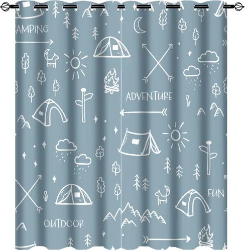 Vista 37 de Cortinas abstractas con estampado de cámper de caricaturas, divertido tema de aventura, campamento, montañas, vida silvestre, oso, tratamiento
