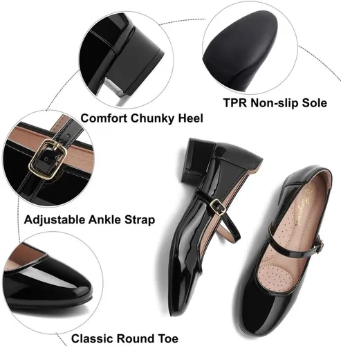 Vista 6 de hingswink Mary Jane Zapatos de tacón bajo para mujer, zapatos de vestir para mujer, tacón bajo de 2 pulgadas, tacón grueso Mary Janes con correa