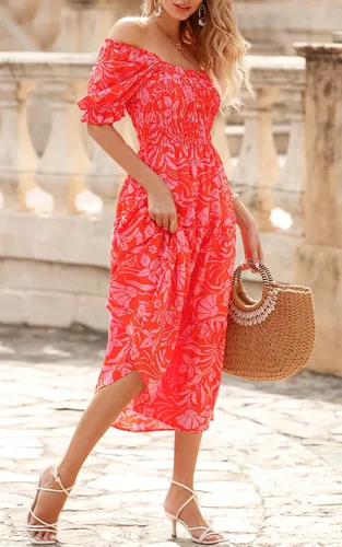 Vista 4 de PRETTYGARDEN Vestidos de verano con estampado floral bohemio para mujer, cuello cuadrado, manga abombada, acampanado, vestido largo casual fruncido