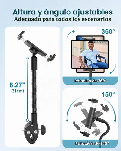 Vista 2 de Soporte para tablet para silla de ruedas, cochecito, bicicleta giratoria, cinta de correr, soporte de micrófono, barco/abrazadera de manillar