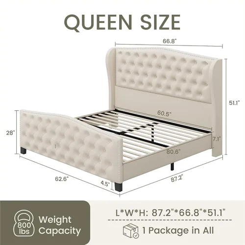 Vista 2 de LARMACE Base de cama tamaño Queen con tapizado de terciopelo, cama de plataforma con cabecera y pie de ala, base de cama con botones profundos