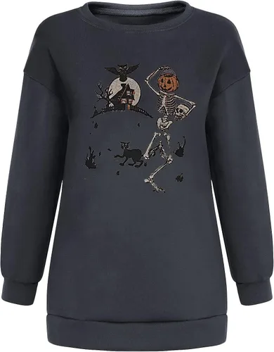 Vista 3 de UODSVP Tops de Halloween para mujer, casual, cuello redondo, estampado de color liso, manga larga
