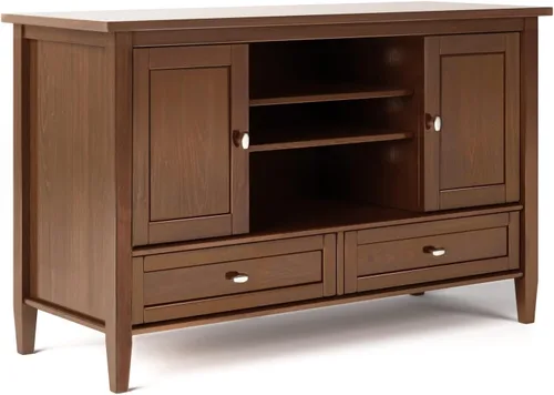 Vista 26 de SIMPLIHOME Warm Shaker - Soporte de TV de madera maciza de 72 pulgadas de Marrón rojizo