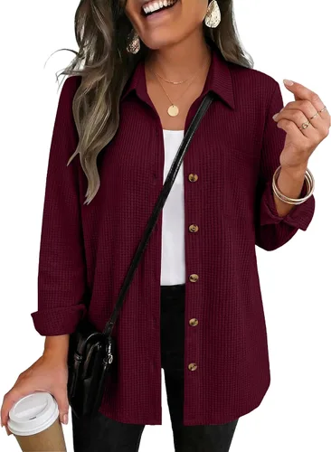 Vista 11 de Zeagoo Camisa de punto gofre para mujer, con botones, manga larga, con 01-albaricoque