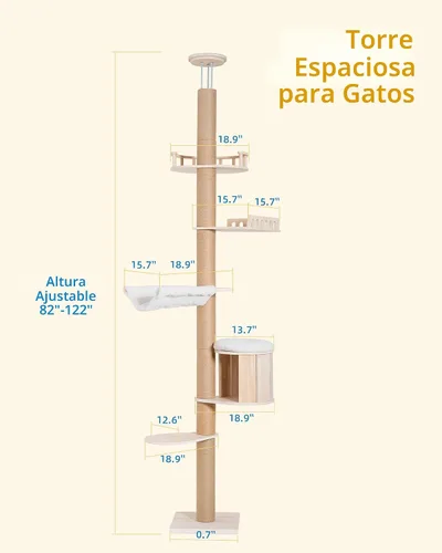 Vista 5 de Aechonow Árbol alto de piso a techo para gatos grandes, torre para gatos con poste rascador, altura ajustable (82-122 pulgadas), cama cueva grande