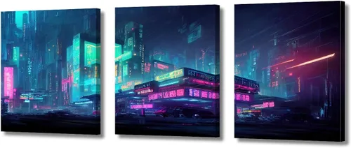 Vista 69 de Cuadros de 3 paneles de Cyberpunk City - Arte de pared de vallas publicitarias de edificios modernos en la capital con obras de arte modernas
