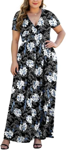 Vista 2 de HAOMEILI Women's L-5XL Short Sleeve Maxi Dresse V-Neck Plus Size Casual Dresses with Pockets