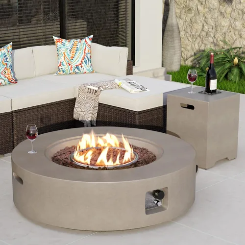Vista 9 de COSIEST mesa cuadrada de propano para exteriores de arenisca con protector contra el viento, certificada, quemador de acero inoxidable de 50,000