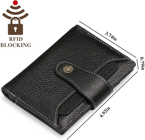 Vista 3 de FALAN MULE Cartera pequeña para mujer, de piel auténtica, plegable, compacta, con bloqueo RFID, pequeña cartera para mujer, ZZE-Elegant Negro