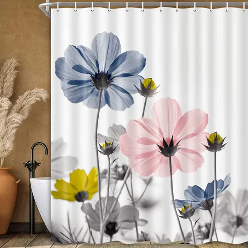 Vista 17 de MERCHR Cortina única floral azul para decoración de baño, cortina de ducha estilo granja con flores de margarita azul y gris elegantes y diseño