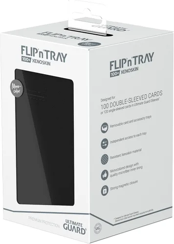 Vista 8 de Estuche Ultimate Guard Flip'n'Tray 100+, para 100 cartas con fundas dobles de TCG + bandeja para dados, negro, cierre magnético independiente