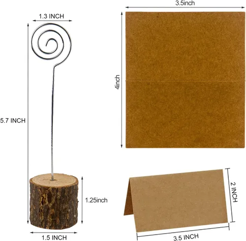 Vista 2 de 20 soportes de madera para tarjetas de lugar, soportes de madera rústica para números de mesa y 30 tarjetas de lugar de papel Kraft, tarjetas
