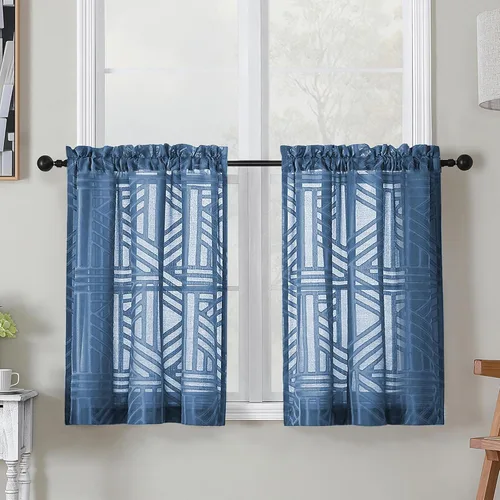 Vista 9 de Simplebrand Cortinas traslúcidas negras de cocina de 24 pulgadas de largo, 2 paneles, filtrado de luz, geométrico jacquard con textura, cortinas
