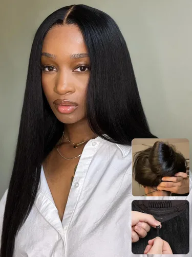 Vista 17 de Nadula Pelucas de cabello humano lacio Yaki sin pegamento con encaje frontal de 7 x 5 pulgadas, nudos invisibles, predepilados, pretodo, 3S, listo