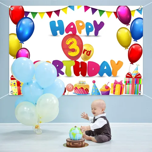 Vista 7 de HAMIGAR Fondo de pancarta de feliz cumpleaños de 6 x 4 pies, decoraciones de cumpleaños de 3 años, suministros de fiesta para niñas y niños, colorido