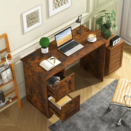 Vista 5 de Tangkula Escritorio para computadora con cajones y estación de carga, escritorio de madera para oficina en casa, escritorio para computadora Marrón