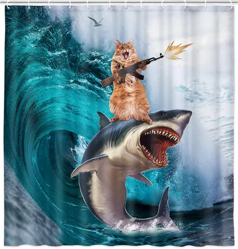 Vista 2 de NYMB Divertida cortina de ducha de gato para baño de niños, genial gato montando ballena, tiburón en olas del océano, cortinas de ducha de tela