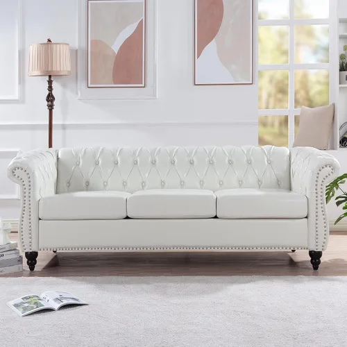 Vista 24 de LEVNARY Sillón Tapizado en Cuero, Silla Sofá Individual Estilo Mediados de Siglo Moderno con Brazos Curvos y Tachuelas, Silla Chesterfield de Cuero