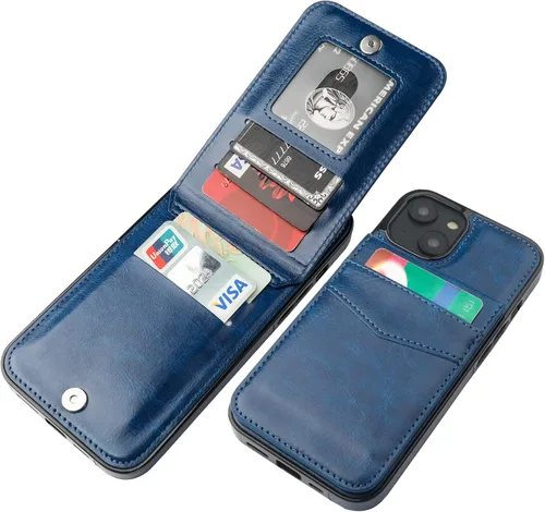 Vista 14 de KIHUWEY - Funda tipo cartera para iPhone 14 Plus, tarjetero con soporte, color negro Ranuras para tarjetas de crédito, piel sintética, cierre