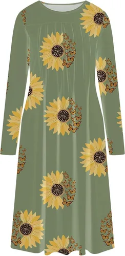 Vista 4 de Vestido de manga larga con cuello en V para mujer, con estampado a rayas, con botones, holgado, con bolsillos